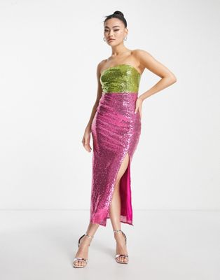 Collective the Label exclusive color block sequin midaxi dress in lime and hot pink Collective The Label