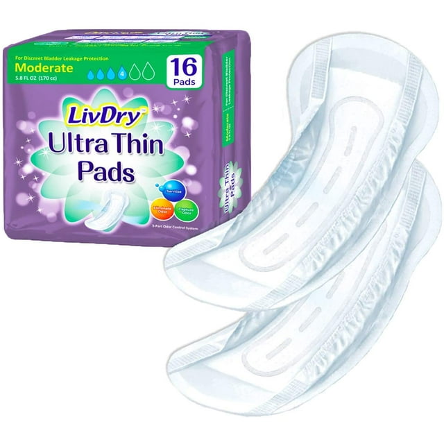 LivDry Female Incontinence Ultra Thin Pads | Leak Protection + Odor Control (Moderate, 16-Pack) LivDry