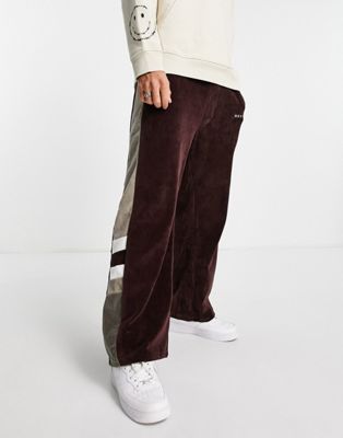 Mennace straight leg sweatpants in brown towelling with velour side stripes Mennace