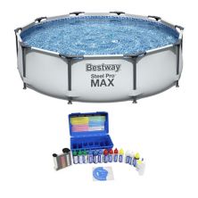 Bestway 10ft x 10ft x 25ft Steel Pro Round Family Swimming Pool & Water Test Kit Bestway