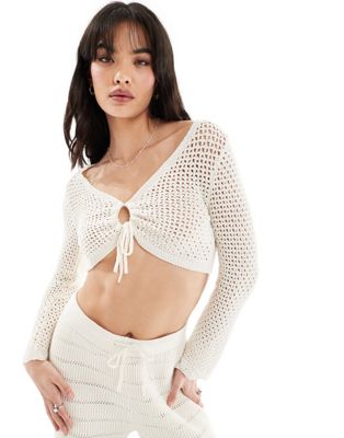 ONLY crochet tie front cropped top in cream - part of a set  ONLY