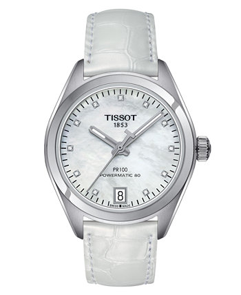 Women's Swiss Automatic PR 100 Diamond Accent White Leather Strap Watch 33mm Tissot