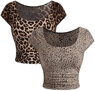 Milumia Women's 2 Pcs Leopard Square Neck Short Sleeve T Shirt Slim Fitted Crop Tops Milumia