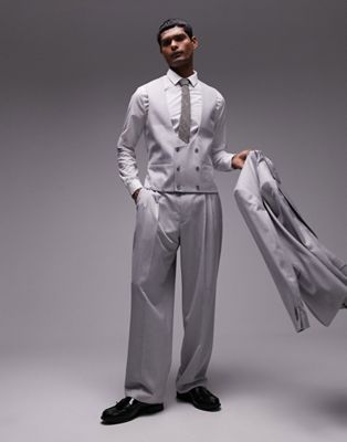 Topman wide leg linen suit pants in gray TOPMAN