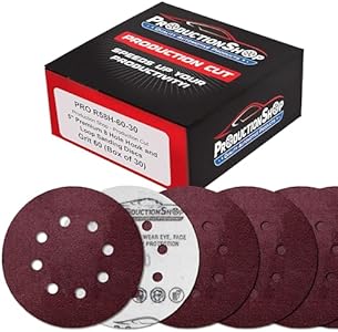 Premium 5" Red 8-Hole Pattern 40 Grit Sanding Discs, Box of 30 - Dustless Hook & Loop Backing Sandpaper for Random Orbital Sanders, Coarse-Cut Abrasive - Woodworking, Sand Auto Paint ProductionShop