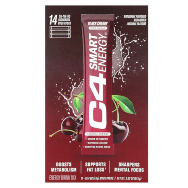 C4 Smart Energy Drink Mix, черная вишня, 14 пакетиков по 0,14 унции (4,1 г) каждый Cellucor