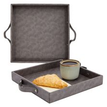 Set of 2 Square Leather Serving Trays, 12x12 Valet for with Handles for Ottoman, Coffee Table (Dark Grey) Juvale