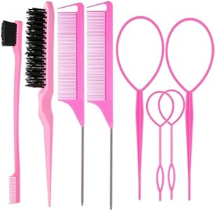 8Pcs Hair Brushes Set with 4Pcs Topsy Hair Tail Tools 1Pcs Bristle Teasing Hair Brush 1Pcs Edge Control Brush 2Pcs Metal Pin Rat Tail Combs for Woman Girl Hair Styling,Edge&Back Brushing Pink ZVOREI