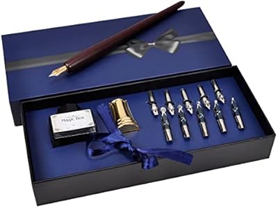 Calligraphy Pen Set – Includes Wooden Dip Pen, Antique Brass Holder, 11 Nibs, 7 Colors Ink Bottles and Beginner's Manual Plotube