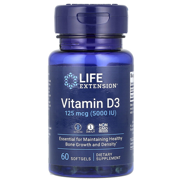 Витамин D3, 125 мкг (5000 МЕ), 60 мягких таблеток Life Extension