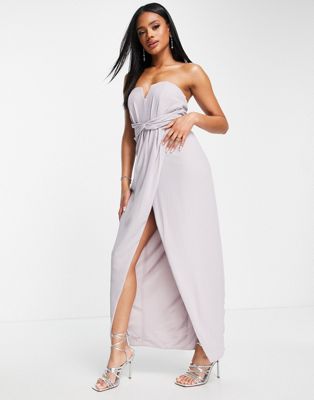 TFNC Bridesmaid bandeau wrap maxi dress with bow back in gray TFNC