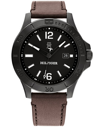 Мужские кварцевые темно-коричневые часы с кожаным ремешком 46 мм Tommy Hilfiger