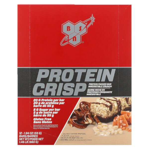 Protein Crisp, Крендель с соленой ириской, 12 батончиков, 1,94 унции (55 г) каждый BSN