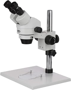 AmScope SM-1B Professional Binocular Stereo Zoom Microscope, WH10x Eyepieces, 7X-45X Magnification, 0.7X-4.5X Zoom Objective, Ambient Lighting, Large Table Pillar Stand AmScope