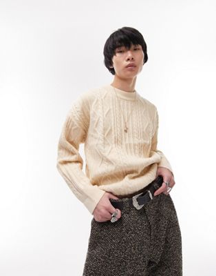 Topman heavyweight cable knit sweater in ecru TOPMAN