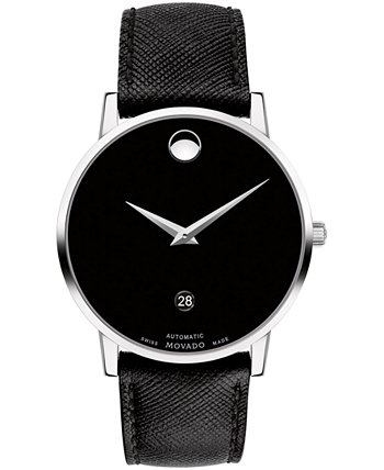 Мужские наручные часы Swiss Automatic Museum с черным ремешком из телячьей кожи 40 мм Movado