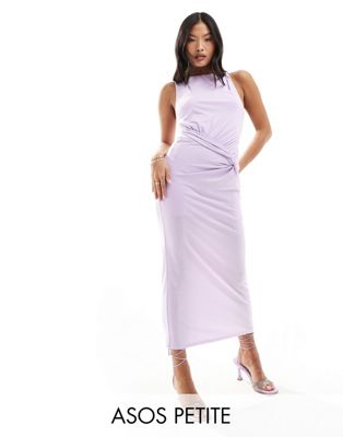 ASOS DESIGN Petite twisted high neck mesh midi dress in lilac ASOS Petite