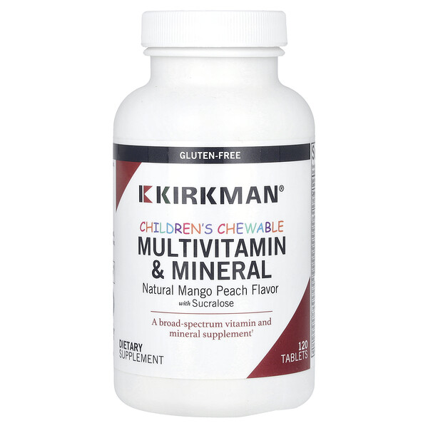 Детские жевательные мультивитамины и минералы, натуральный манго-персик, 120 таблеток Kirkman Labs