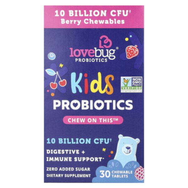 Kids Probiotics, Delicious Berry, 10 миллиардов КОЕ, 30 жевательных таблеток LoveBug Probiotics