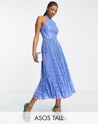 Голубое выпускное платье миди с плиссированным кружевом ASOS DESIGN Tall ASOS Tall