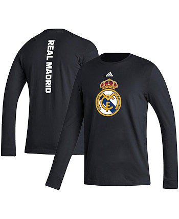 Мужская черная футболка с длинным рукавом с вертикальной надписью Real Madrid Adidas