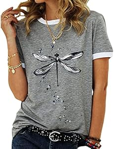 Women's Graphic Tees Casual Summer Funny Dragonfly Printed Short Sleeve Cute T Shirts Tops JNIFULI