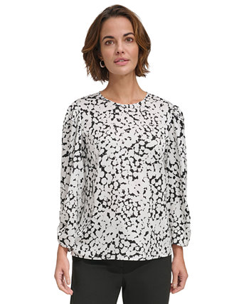 Женская блузка с круглым вырезом и сборками на рукавах с принтом DKNY