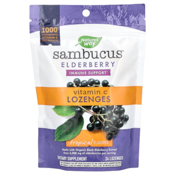 Sambucus Elderberry, пастилки с витамином С, тропические, 24 пастилки Nature's Way