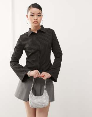 Princess Polly fitted flare sleeve shirt in charcoal pinstripe Princess Polly