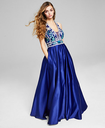 Juniors' Embroidered Satin Ball Gown Blondie Nites