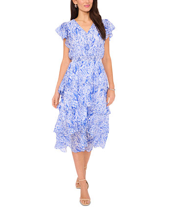 Women's Printed Flutter-Sleeve Tiered Midi Dress Vince Camuto