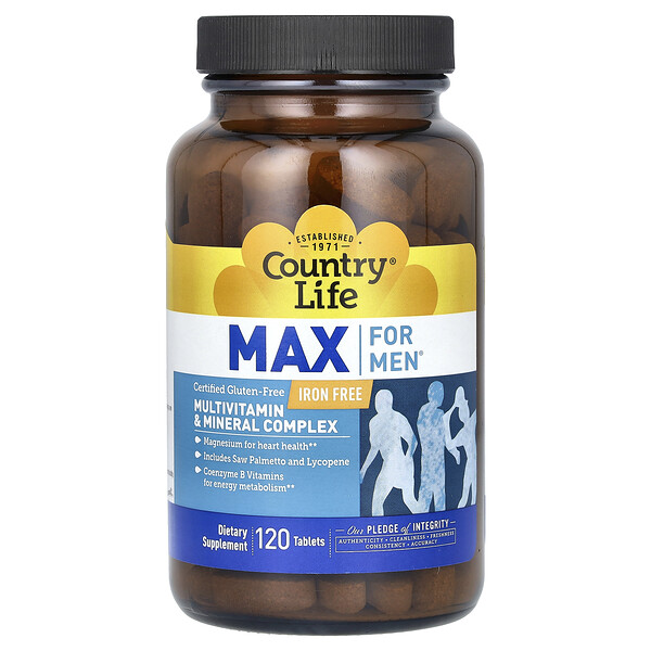 Max For Men, Мультивитаминный и минеральный комплекс, без железа, 120 таблеток Country Life