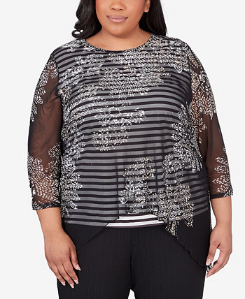 Plus Size Opposites Attract Floral Mesh Stripe Top Alfred Dunner