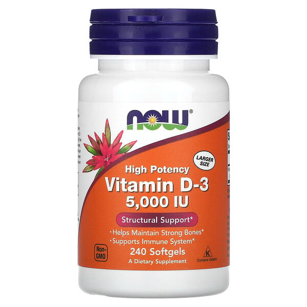 Витамин D-3, 125 мкг (5000 МЕ), 240 мягких таблеток NOW Foods
