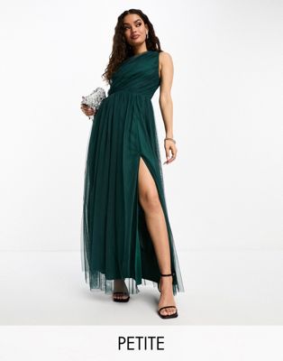 Anaya Petite Bridesmaid tulle one shoulder maxi dress in emerald Anaya