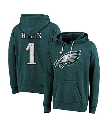 Мужские нитки Jalen Hurts Midnight Green Distressed Philadelphia Eagles с капюшоном и именем и номером пуловер из трех смесей Majestic