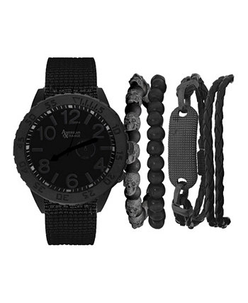 Мужские часы с кварцевым циферблатом и черным тканевым ремешком, а также набор черных складываемых браслетов в ассортименте, подарочный набор, 5 шт. American Exchange