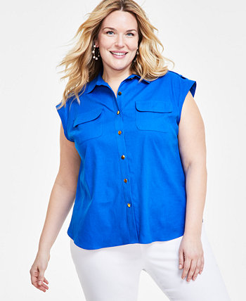 Plus Size Linen-Blend Sleeveless Utility Shirt, Created for Macy's I.N.C. International Concepts