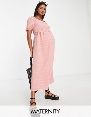 New Look Maternity square neck puff sleeve midi dress in pink New Look Maternity