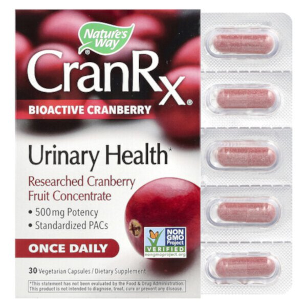 CranRx, Urinary Health, биоактивная клюква, 500 мг, 30 вегетарианских капсул Nature's Way