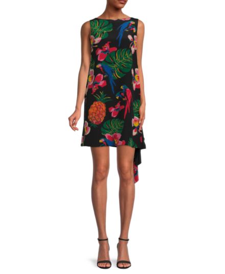 Мини-платье прямого кроя с тропической шелковой драпировкой Valentino