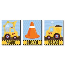 Big Dot of Happiness Construction Truck - Kids Bathroom Rules Wall Art - 7.5 x 10 inches - Set of 3 Signs - Wash, Brush, Flush Big Dot of Happiness