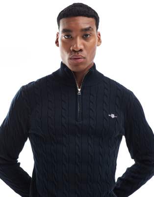 GANT cotton cable knit half zip sweater with logo in navy Gant