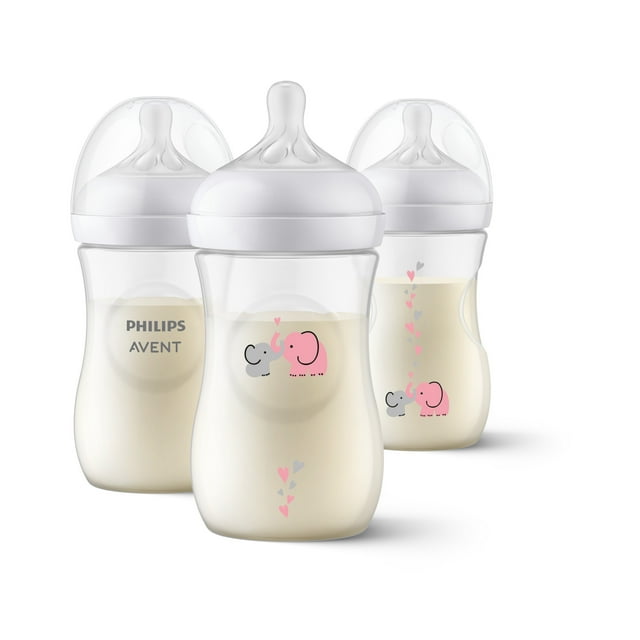 Philips Avent Natural Baby Bottle with Natural Response Nipple, with Pink Elephant Design, 9oz, 3pk, SCY903/62 Avent