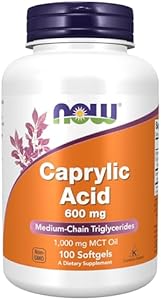 NOW Foods Supplements, Caprylic Acid 600 mg, MCT (Medium-Chain Triglycerides), 100 Softgels NOW Foods