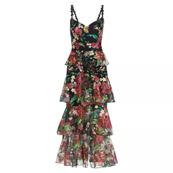 Многоярусное платье с цветочной вышивкой Marchesa Notte