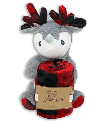 Baby Boys and Girls Check Blanket with Reindeer Plush Toy, 2 Piece Set Jesse & Lulu