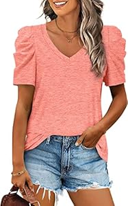 LCXWFE Womens Casual V Neck T Shirt Puff Sleeve Tops Ruched Elegant Summer Shirts Lcxwfe