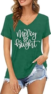 Womens Christmas Shirts Merry and Bright Tshirt Christmas Lights V Neck Tee Shirt VQD