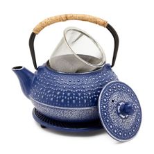 3 Piece Set Blue Japanese Cast Iron Teapot, Loose Leaf Tetsubin with Infuser and Trivet (27 oz) Juvale
